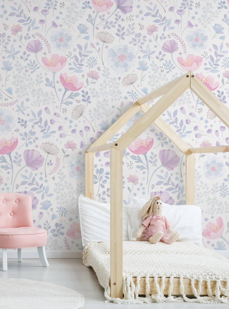 Watercolor Floral Wallpaper Mural | Pink & Purple, Non-Toxic image 1
