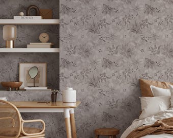 Tiger Lily Wall Covering | Dove Grey | Peel and Stick or Unpasted Wallpaper Mural | Non-toxic