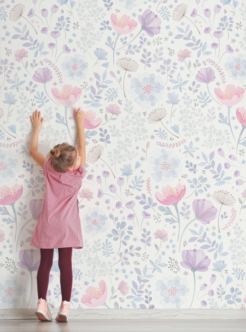 Watercolor Floral Wallpaper Mural | Pink & Purple, Non-Toxic image 2