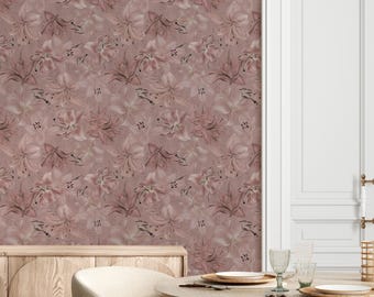 Tiger Lily Wall Covering | Rosy Brown | Peel and Stick or Unpasted Wallpaper Mural | Non-toxic