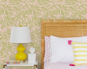 Solid Tropical Palm Leaves Wall Covering | Pink Green | Peel and Stick or Unpasted Wallpaper Mural | Non-toxic