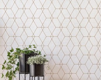 Revestimiento de pared con líneas geométricas hexagonales Art Déco / Blanco roto / Mural de papel pintado autoadhesivo o sin pegar / No tóxico