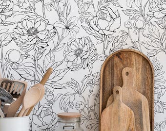 Revêtement mural fleurs dessinées à la main de jardin botanique | Noir et blanc | Papier peint autocollant ou non collé | Non toxique