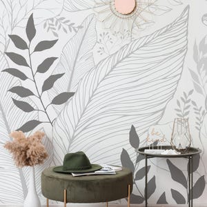 Hand Drawn Floral Leaves Mural Wall Covering | Grey | Peel and Stick or Unpasted Wallpaper Mural | Non-toxic image 3