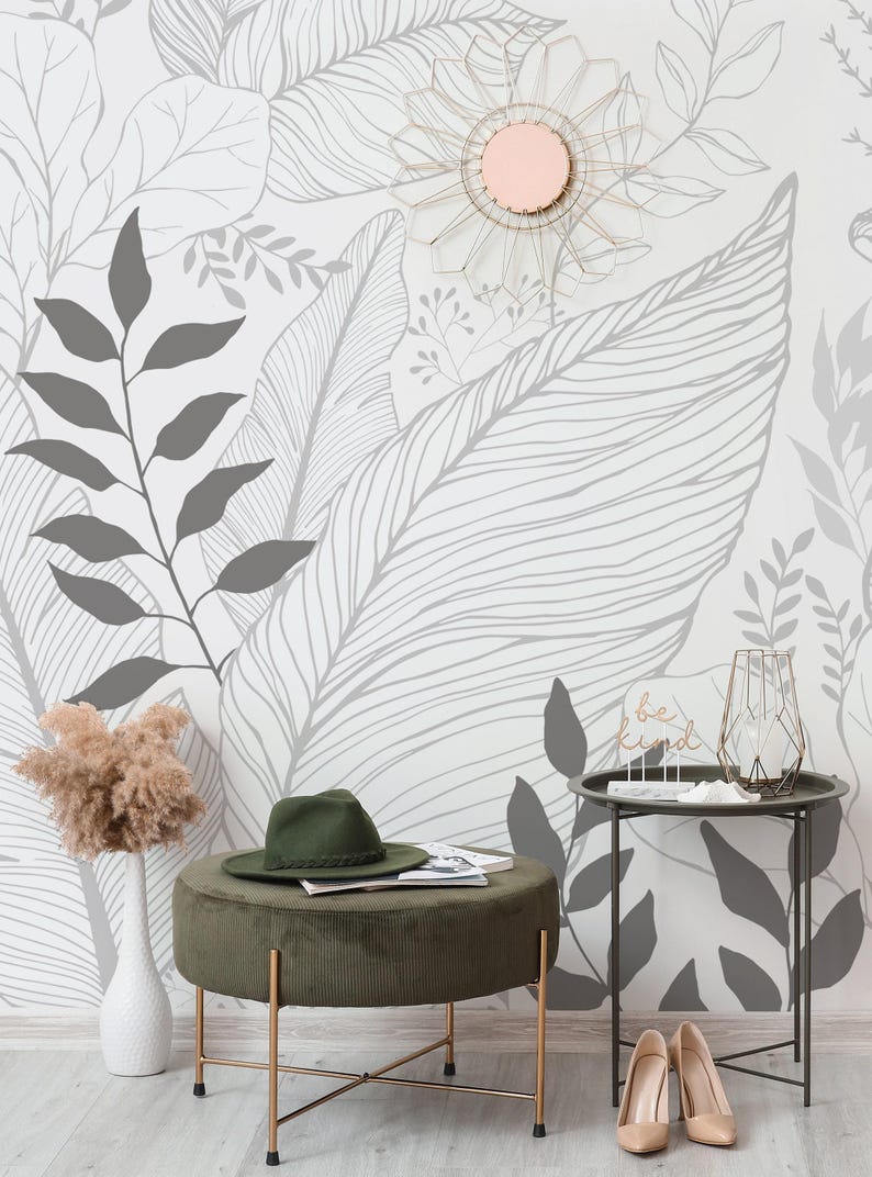 Hand Drawn Floral Leaves Mural Wall Covering | Grey | Peel and Stick or Unpasted Wallpaper Mural | Non-toxic image 3