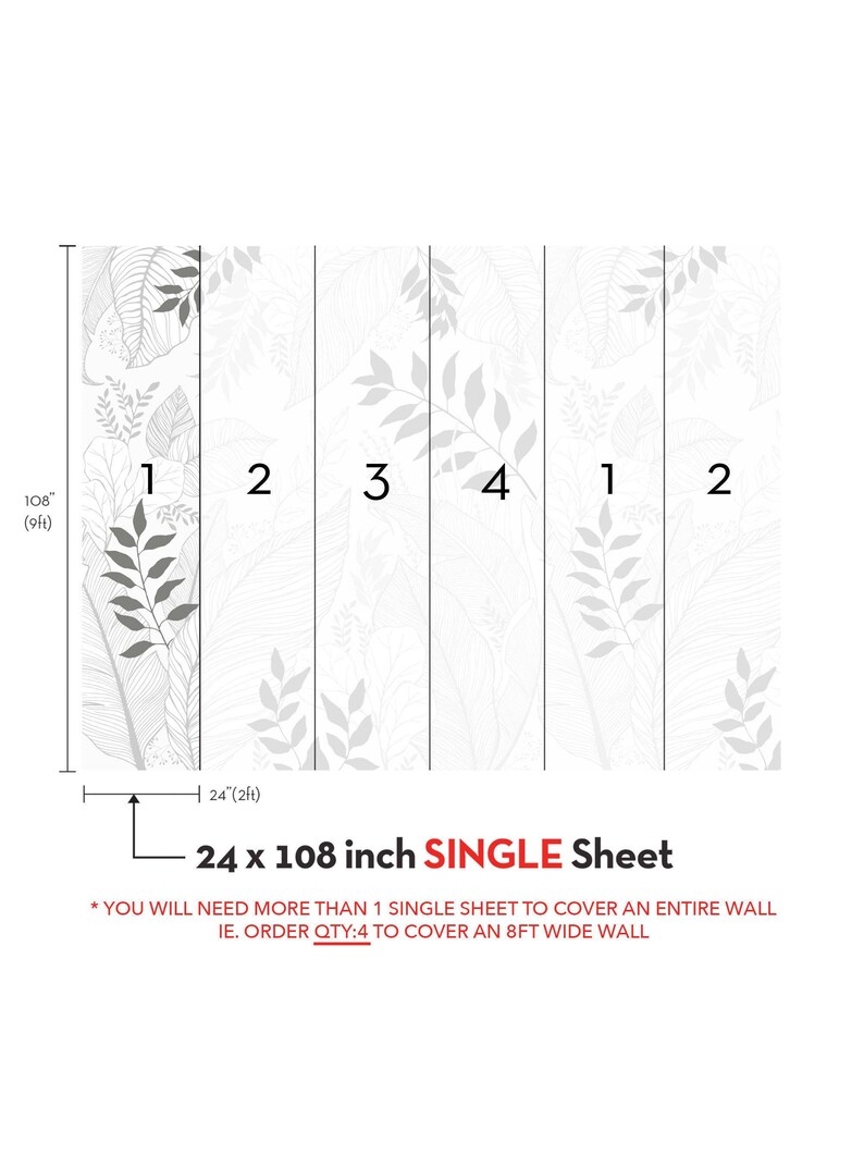 Hand Drawn Floral Leaves Mural Wall Covering | Grey | Peel and Stick or Unpasted Wallpaper Mural | Non-toxic image 8