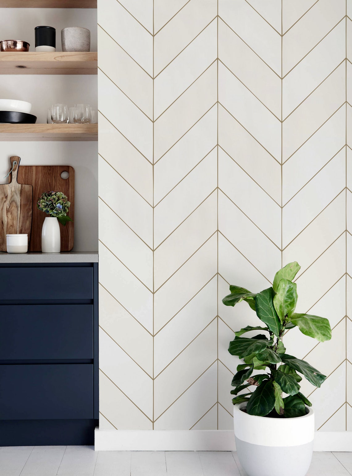 Gold Lines Chevron Wallpaper Offwhite Self Adhesive Fabric Etsy