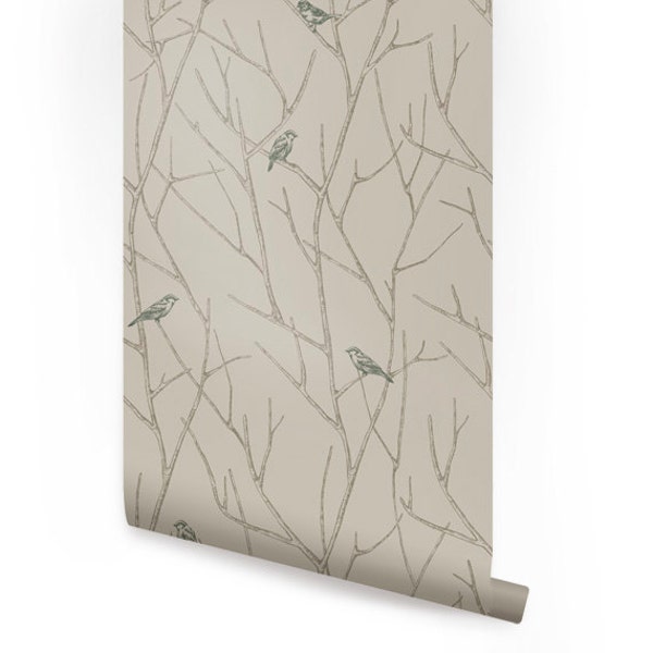 Branch Birds Green Peel & Stick  Wallpaper Repositionable