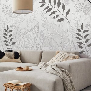 Hand Drawn Floral Leaves Mural Wall Covering | Grey | Peel and Stick or Unpasted Wallpaper Mural | Non-toxic image 5