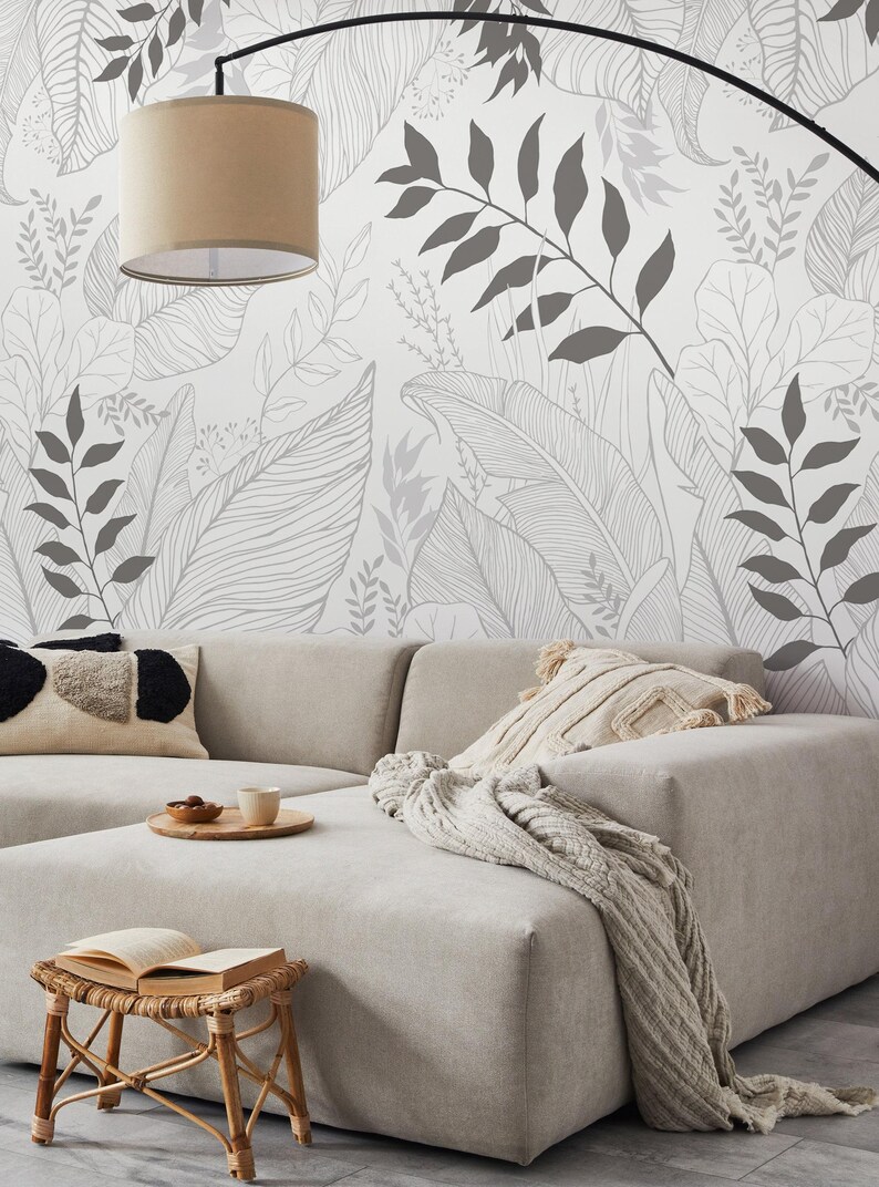 Hand Drawn Floral Leaves Mural Wall Covering | Grey | Peel and Stick or Unpasted Wallpaper Mural | Non-toxic image 5