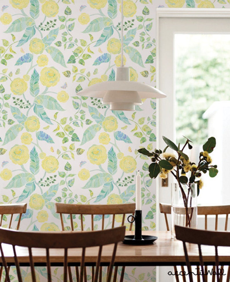 Spring Garden Flowers Yellow Peel & Stick Fabric Wallpaper Etsy