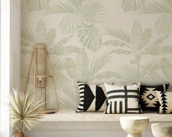 Oceanside Palm Leaves Wall Covering | Green | Peel and Stick or Unpasted Wallpaper Mural | Non-toxic
