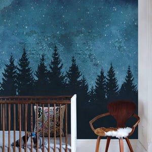 Carta da parati murale con scena notturna degli alberi della foresta, blu navy, arte murale extra large, murale da parete