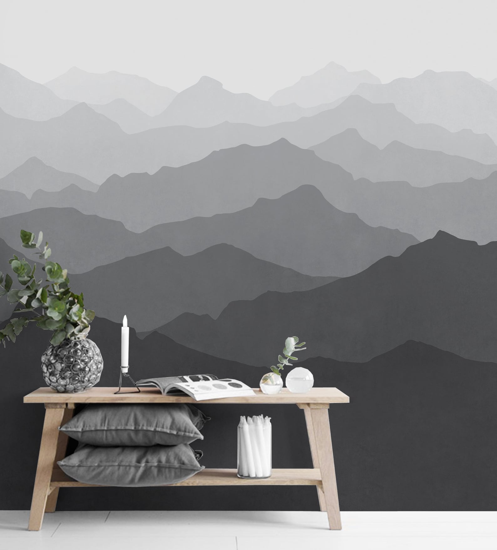 Mountain Mural Wallpaper Black and White Grey Ombre Mountain Etsy