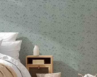 Floral Silhouette Wall Covering | Blue Green | Peel and Stick or Unpasted Wallpaper Mural | Non-toxic
