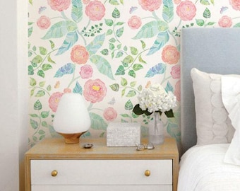 Spring Garden Flowers Wall Covering | Pink | Peel and Stick or Unpasted Wallpaper Mural | Non-toxic