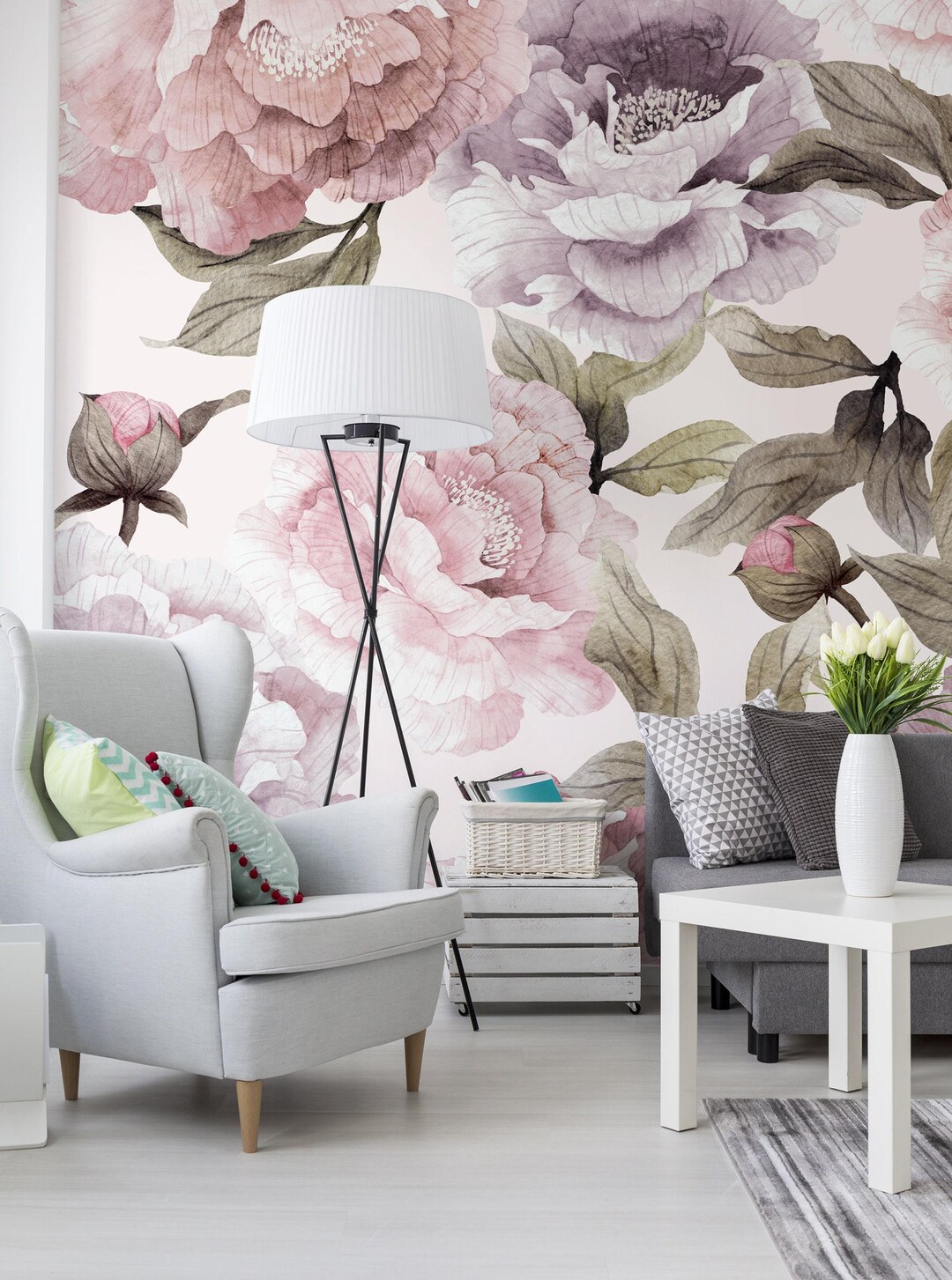 Watercolor Bloom Floral Wallpaper Mural Wall Covering | Pink and Purple ...