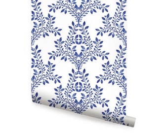 Damask Leaves Wallpaper Royal Blue Peel & Stick  Wallpaper Repositionable