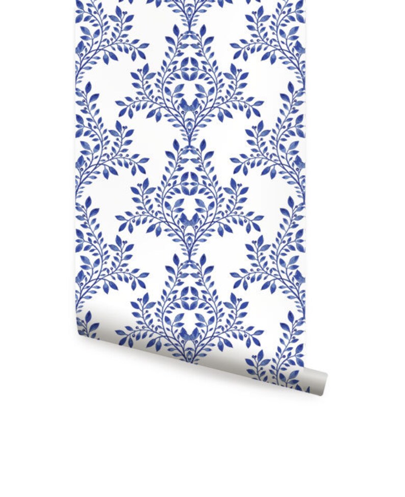 Damask Leaves Wallpaper Royal Blue Peel & Stick Wallpaper Etsy
