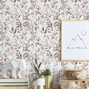 Watercolor Foliage Wall Covering | Brown | Peel and Stick or Unpasted Wallpaper Mural | Non-toxic image 1