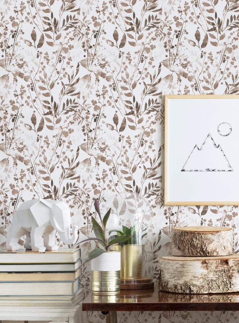 Watercolor Foliage Wall Covering | Brown | Peel and Stick or Unpasted Wallpaper Mural | Non-toxic image 1