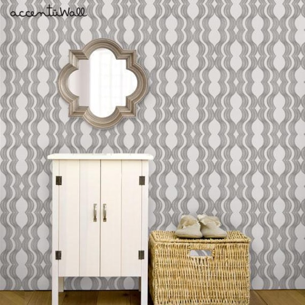 Wave Wall Covering | Grey and White | Peel and Stick or Unpasted Wallpaper Mural | Non-toxic