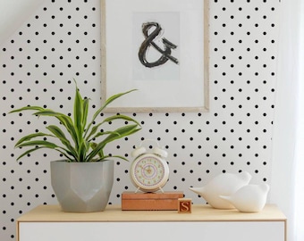 Small Polka Dots Wall Covering | Black and White | Peel and Stick or Unpasted Wallpaper Mural | Non-toxic