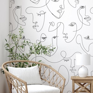 Minimalist Face Line Art Mural Wallpaper, Black,  Wall Mural