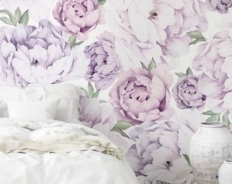 Watercolor Peony Flower Mural | Lavender Purple Wallpaper (Peel and Stick or Unpasted)