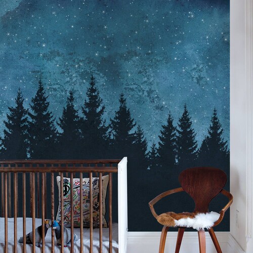 Forest Trees Night Scene Mural Wallpaper Navy Extra Large Etsy Ireland