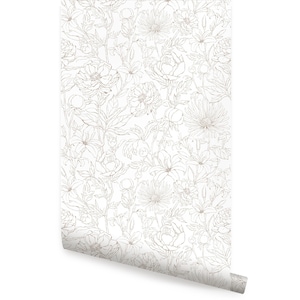 Botanical Garden Hand Drawn Flowers, Grey,    Wallpaper