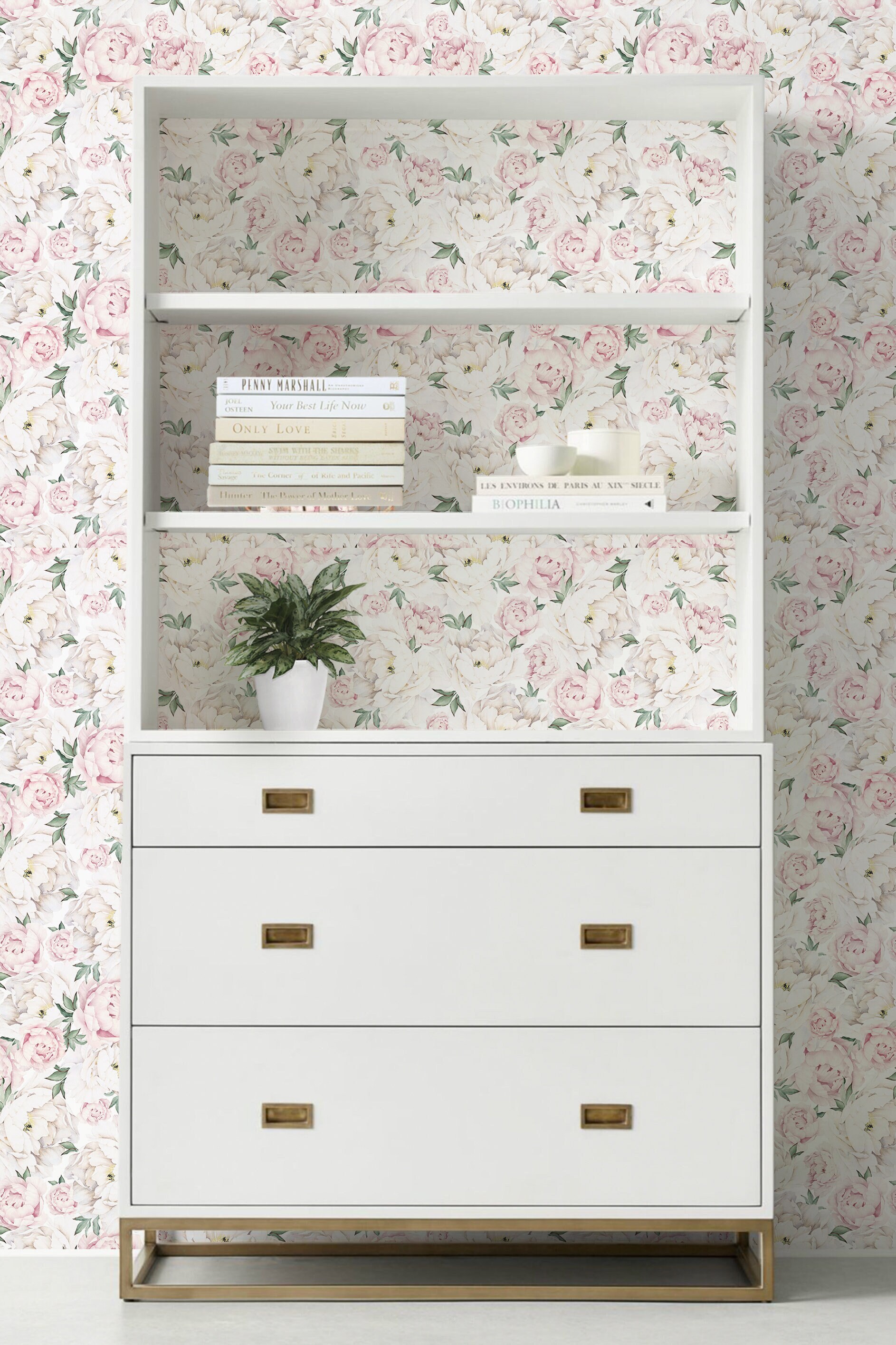 Small Peony Wall Covering | Pink and Off White Flowers | Peel 'n Stick or Unpasted Wallpaper | Non-toxic