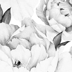 Peony Flower Mural Wallpaper, Black and White, Watercolor Peony Extra Large Wall Art, Peel and Stick Wall Mural image 5