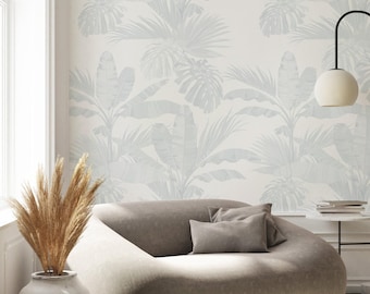 Oceanside Palm Leaves Wall Covering | Blue | Peel and Stick or Unpasted Wallpaper Mural | Non-toxic