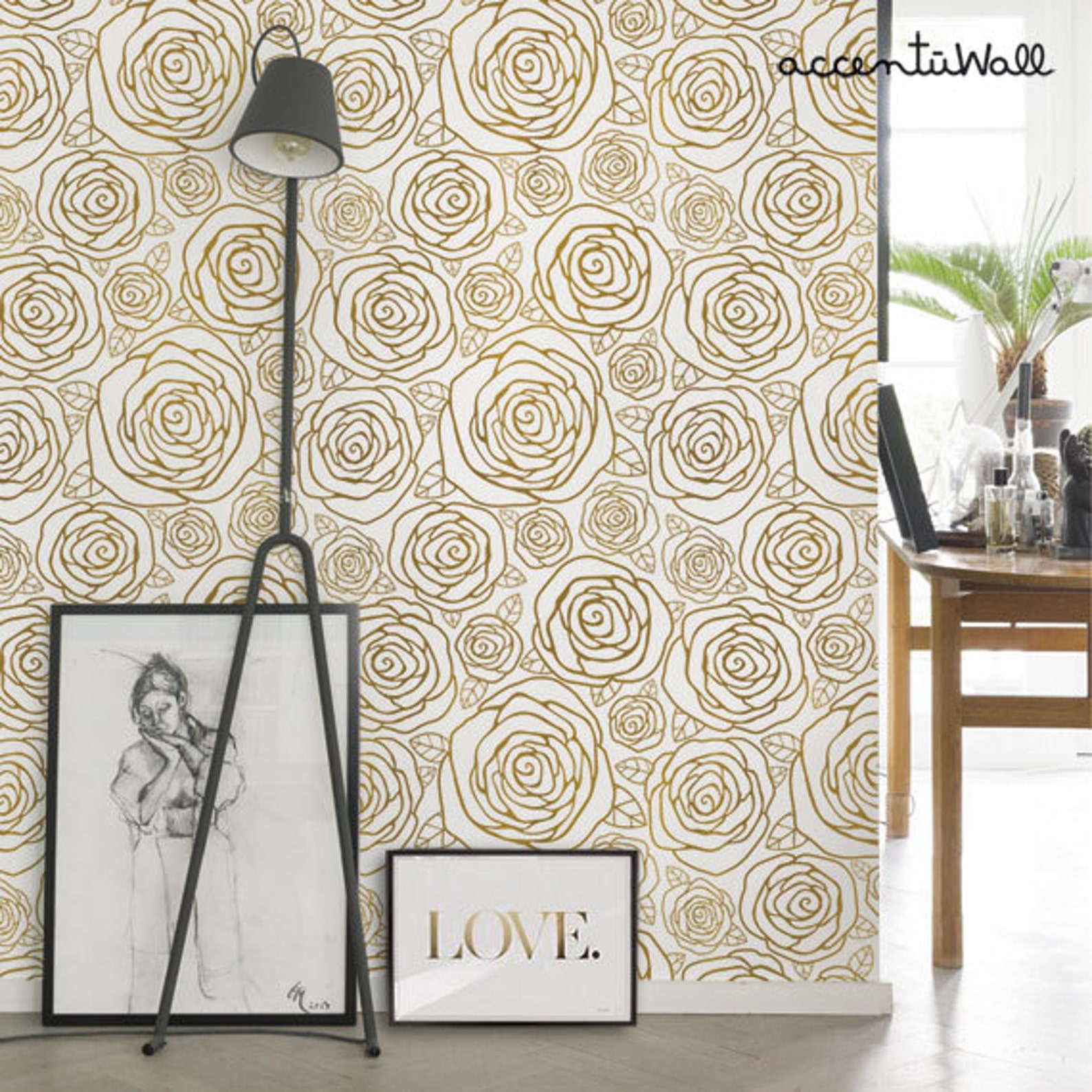 Gold Roses Peel & Stick Fabric Wallpaper Repositionable Etsy