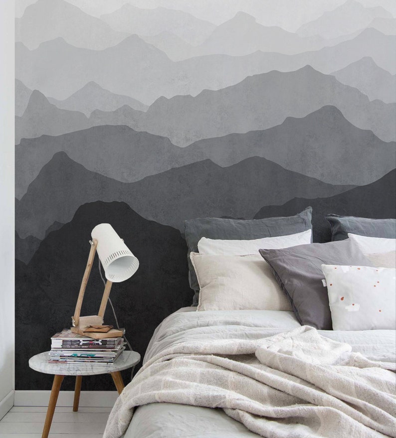 Mountain Mural Wallpaper Black and White Grey Ombre Mountain Etsy