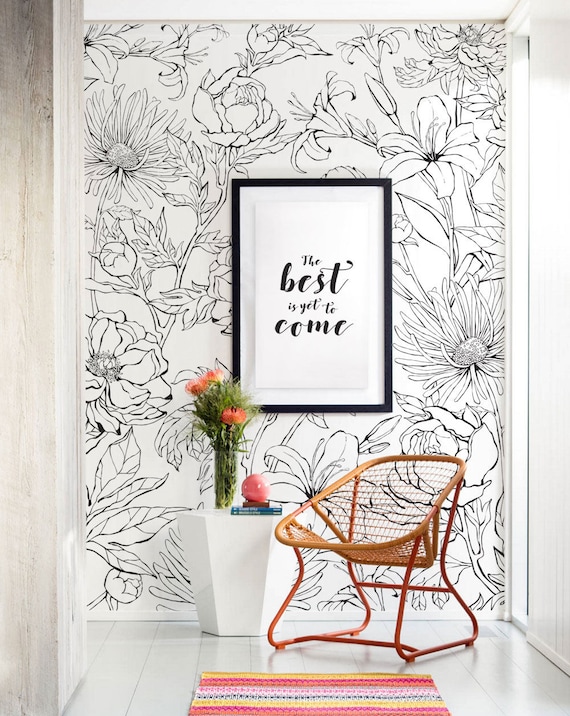 Botanical Garden Hand Drawn Flowers Accent Mural Wallpaper, Line