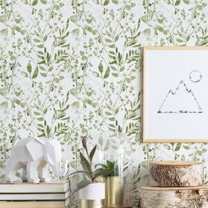Watercolor Foliage Wall Covering | Green | Peel and Stick or Unpasted Wallpaper Mural | Non-toxic image 3