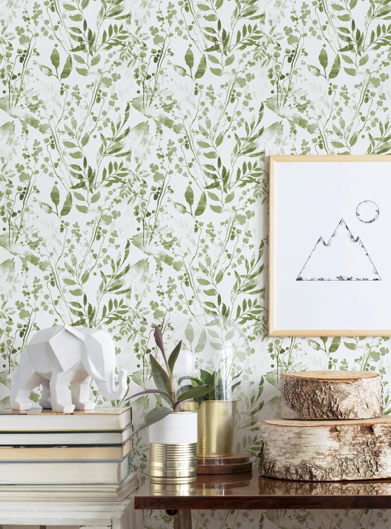 Watercolor Foliage Wall Covering | Green | Peel and Stick or Unpasted Wallpaper Mural | Non-toxic image 3