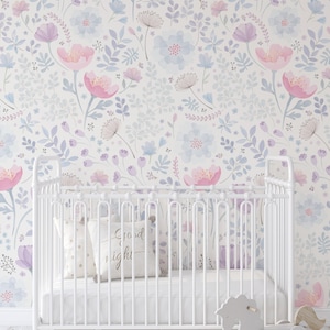 Watercolor Floral Wallpaper Mural | Pink & Purple, Non-Toxic image 3