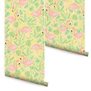 Tropical Flamingo Coral Yellow Wallpaper Mural