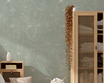 Minimalist Face Textured Look Mural Wallpaper, Sage, Peel and Stick Wall Mural