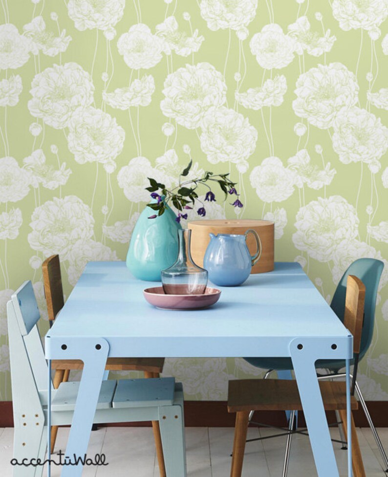 Peony Lime Green Peel & Stick Fabric Wallpaper Repositionable Etsy