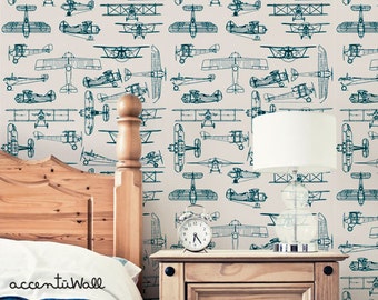 Airplanes Slate Teal Peel & Stick  Wallpaper Repositionable