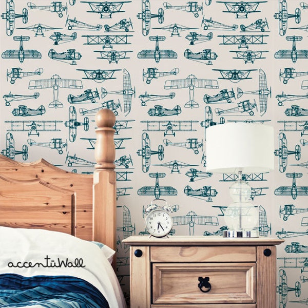 Airplanes Slate Teal Peel & Stick  Wallpaper Repositionable