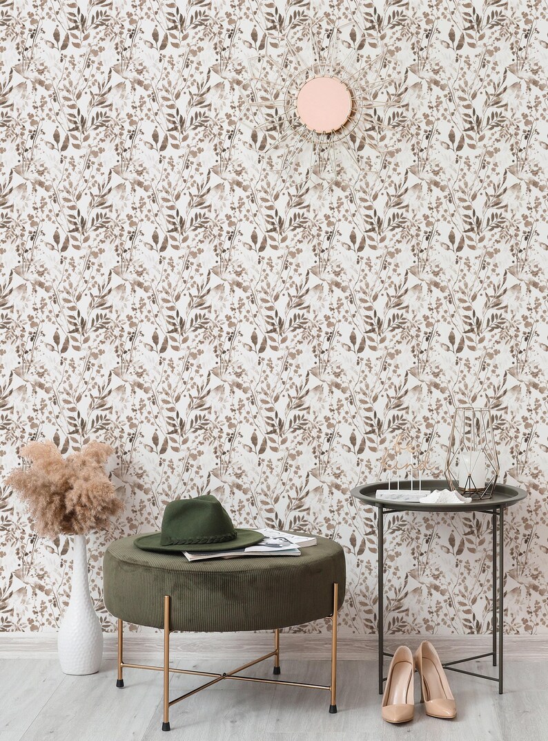 Watercolor Foliage Wall Covering | Brown | Peel and Stick or Unpasted Wallpaper Mural | Non-toxic image 4