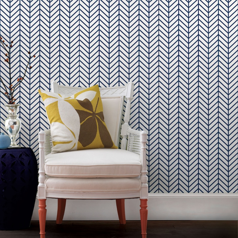 Herringbone Line Navy Peel & Stick Fabric Wallpaper Etsy