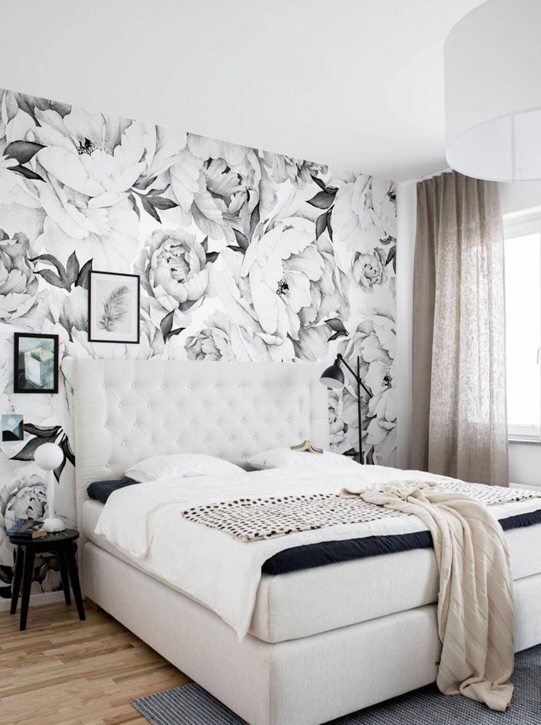 Peony Flower Watercolor Mural Wall Covering | Black and White | Peel ...