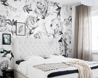 Peony Flower Watercolor Mural Wall Covering | Black and White | Peel and Stick or Unpasted Wallpaper Mural | Non-toxic