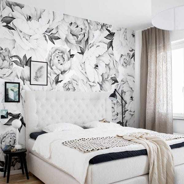 Mural de pared con acuarela de flores de peonía, blanco y negro, despegable y pegable o sin pegar, no tóxico.